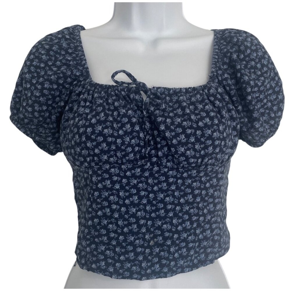 Hollister Womens Floral Cottagecore Crop Top Puff‎ Sleeve Smocked Blue XS